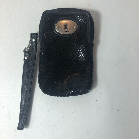 Fossil Credit Card Holder Wristlet Bag Black Snake Print 5"x3.5" C2 - Picture 1 of 11